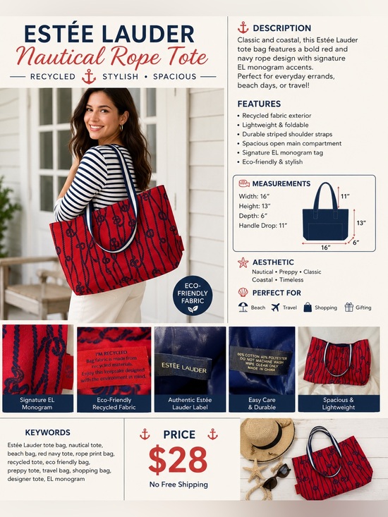 Estee Lauder Handbags - Estee Lauder Red Tote with Navy Rope Print and Navy-White Straps